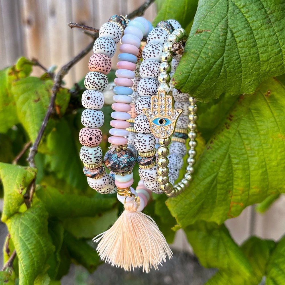 Stack Bracelets with Pastel Beads and Hamsa - Picture 3 of 4